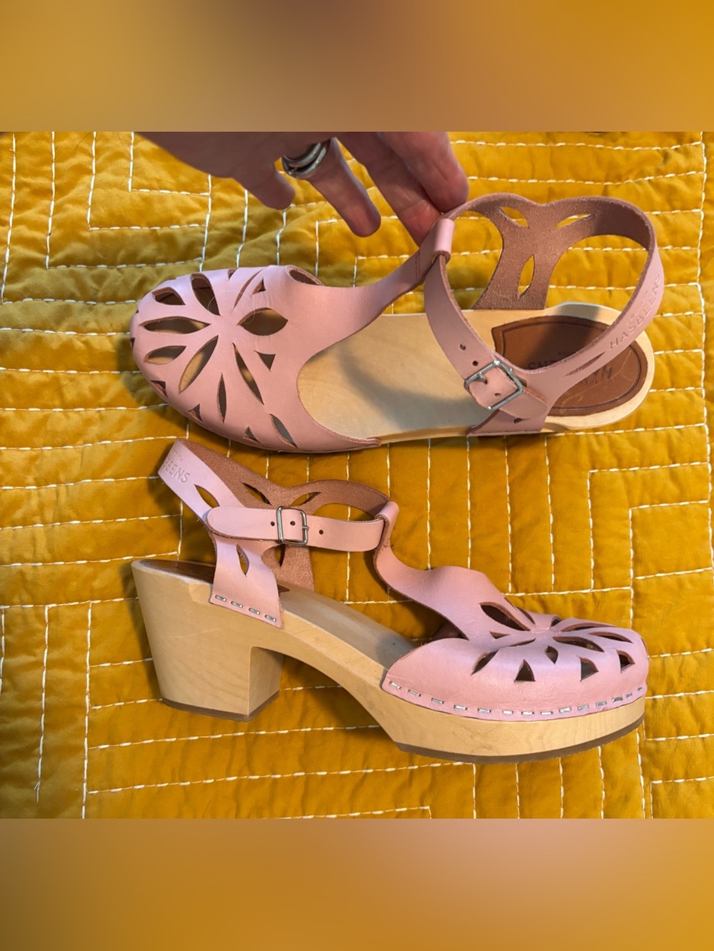 Swedish Hasbeens Pink Cutout Leather Clog Sandals